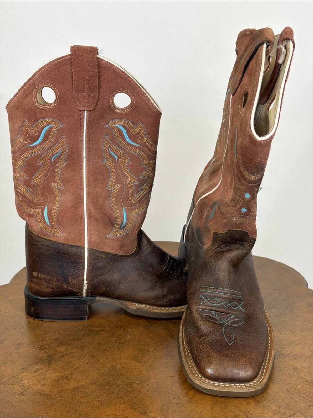 Old West Brown Square Toe Colored Stitching Western #1622 Boots Size 6.5